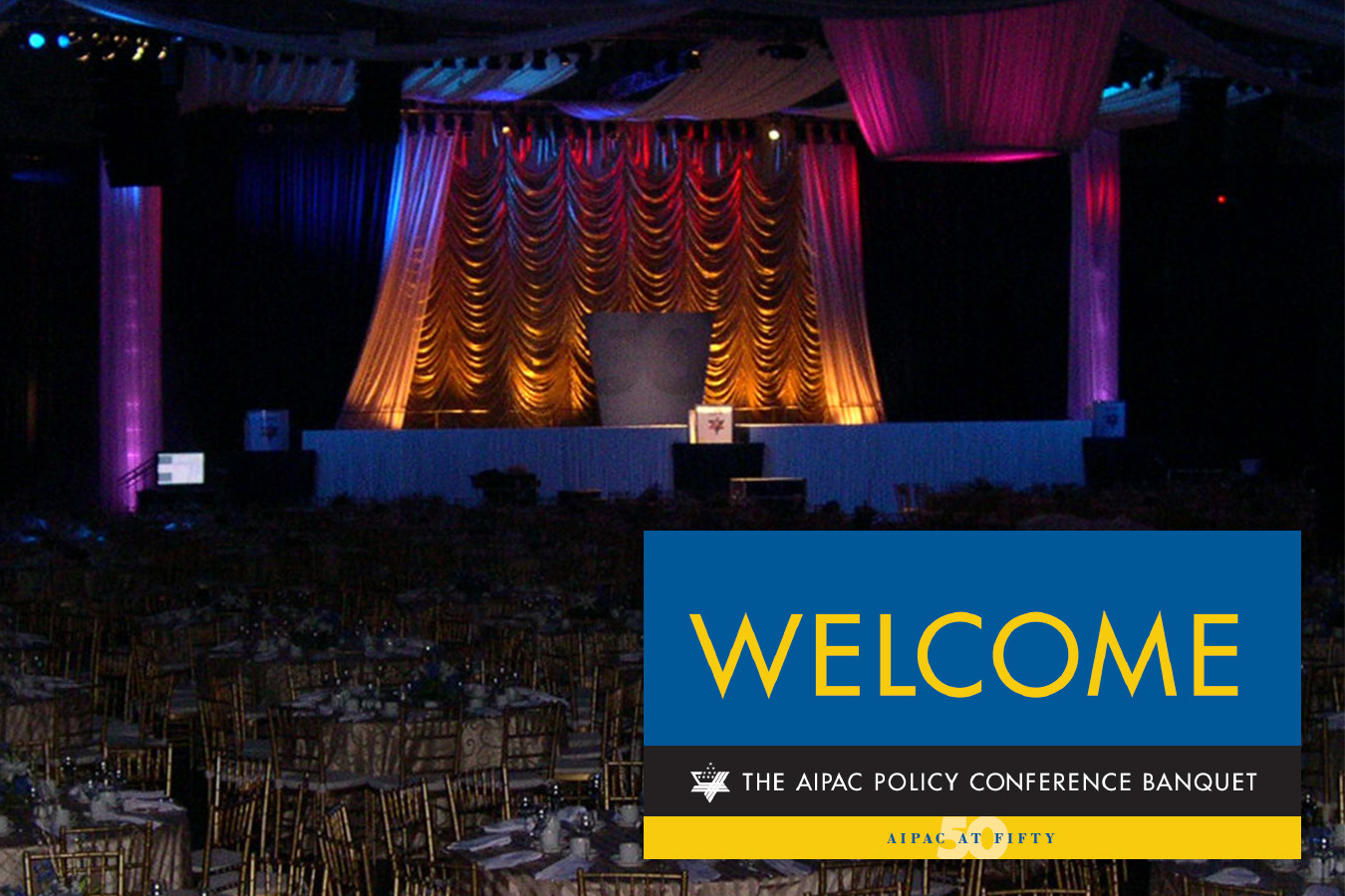Aipac 50 1 : Bright signs coordinated with thematic decor were used to direct traffic flow of the 5000 guests