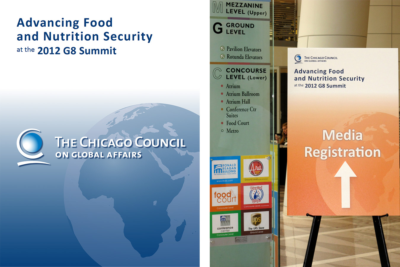 CG8 podium : Podium sign for the Chicago Council on Global Affairs summit & way-finder on easel in lobby