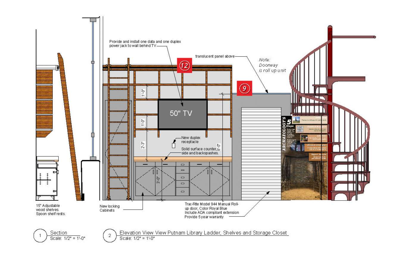 5 CAAM 7-16 12x9 Page_35 : Storage area behind stairs with steel retractable door, graphics align with stair risers