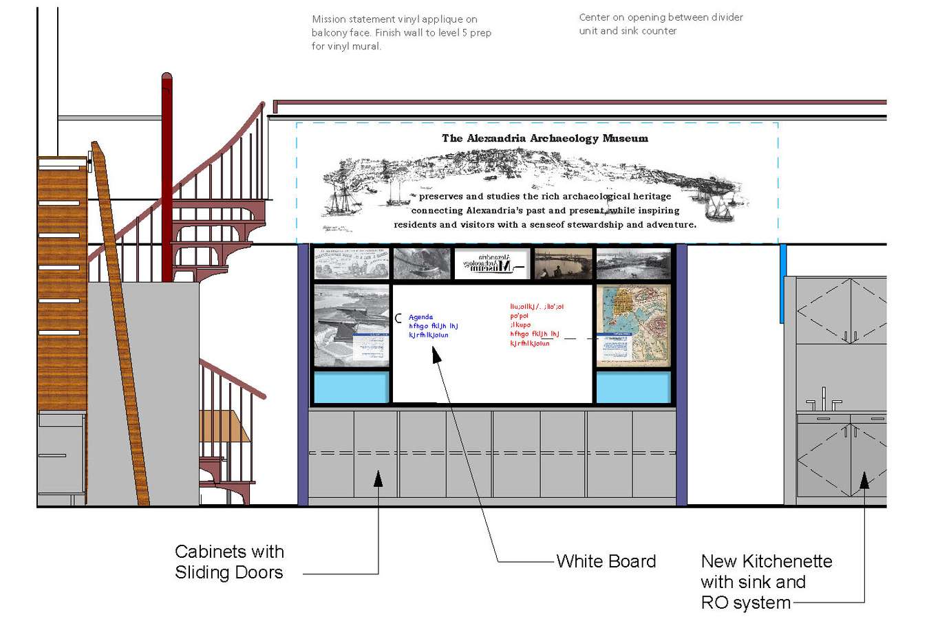 8 CAAM 7-16 Conf Area 76. : Elevation shows view into museum from conference area and graphic treatment of transom