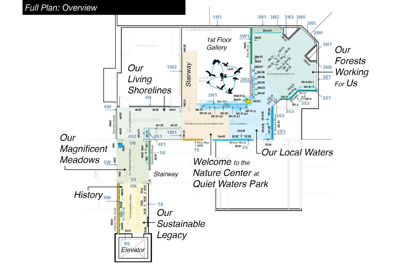 3 QWP MB web 03 : Schematic Floorpan showing graphic layout, key murals and thematic areas. 