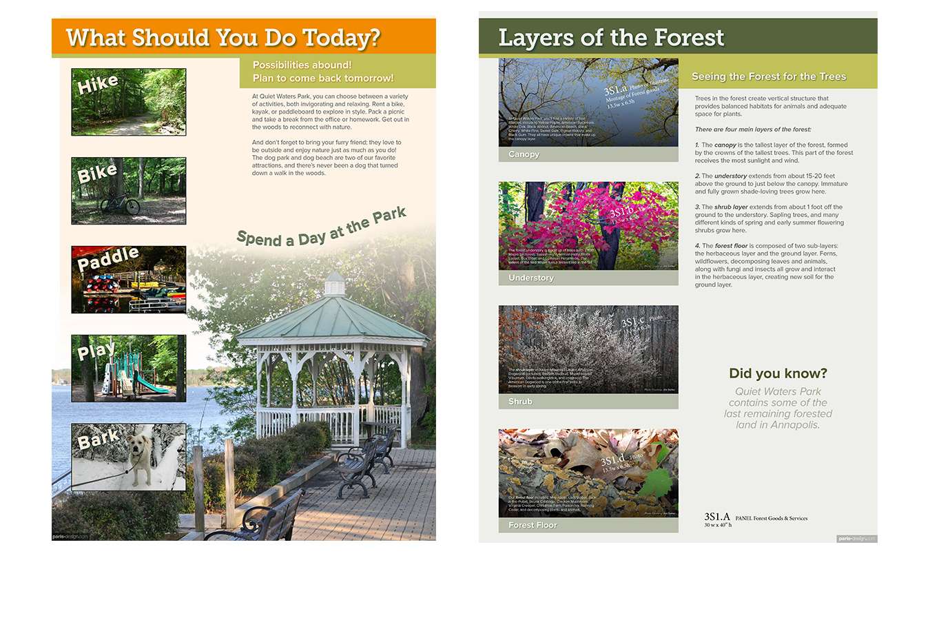 11a QWP 30x40 welc forst : Multiple images and limited text let visitors quickly get a sense of what to look for outside in the park.