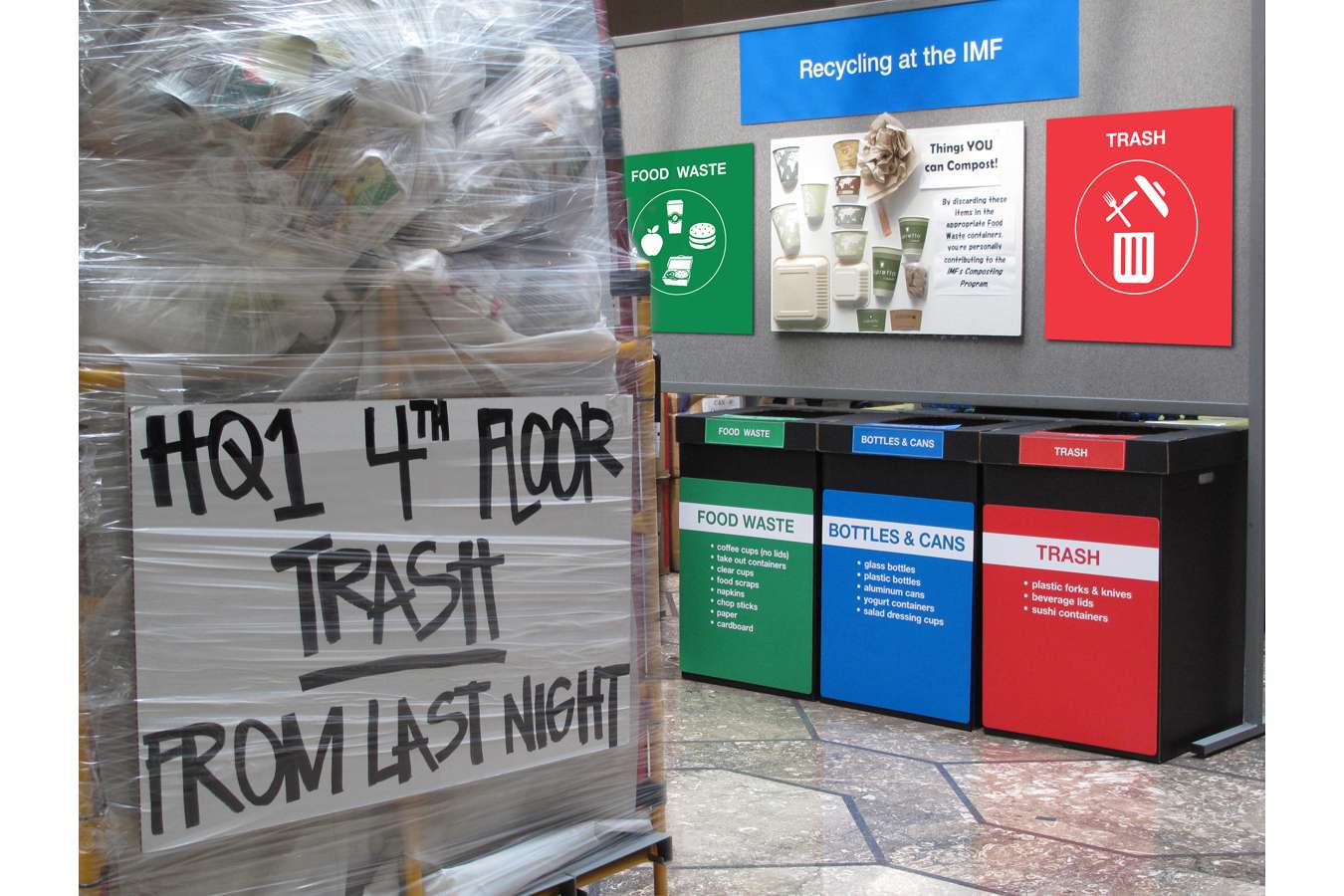 IMF Pic 1 : Paper recycled from the 4th floor of HQ1 building | Cafeteria recycling bin graphics