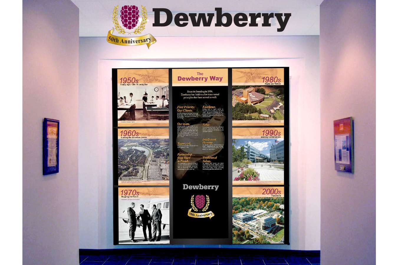 Dewberry Curve Wall : Pop-up frame as wall mounted graphic system, for Dewberry, in place for more than 15 years
