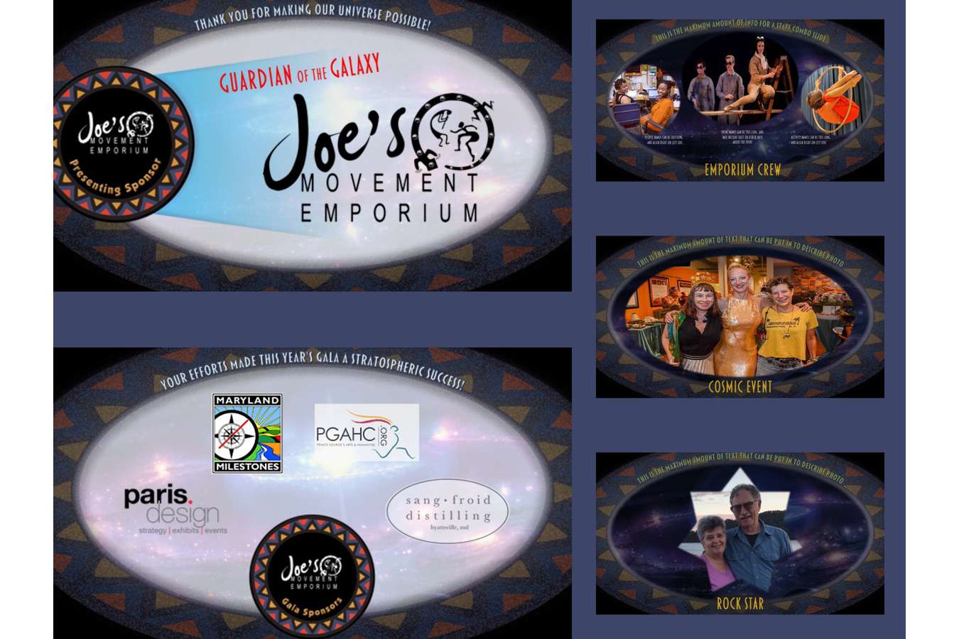 2L-Jglam : Sponsors, donors, staff and special events were all branded thematically in this overhead floating presentation