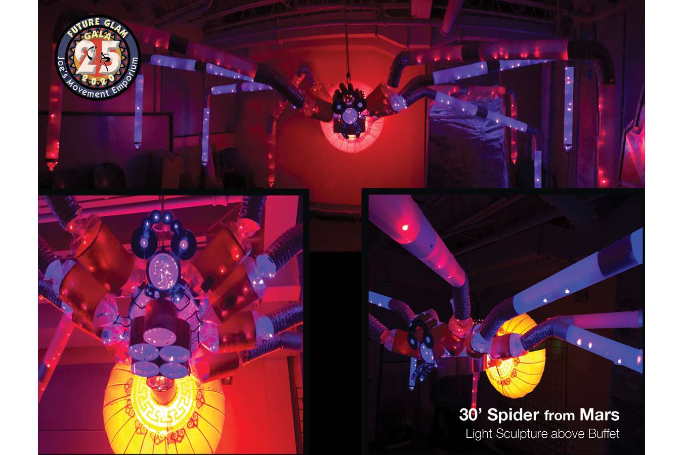 2I J-Glam : Inspired by Ziggy Stardust & the Spider's from Mars tour, this giant chandelier hovers over the space age buffet. Delicacies being served included:  Major Tom's Tzatiki, Space Cowboy Caviar, Arachnoid Angles, Klingon Wings, Saturn Rings, Binary Bites, Vegan Veggies, and Tribble Nibbles.