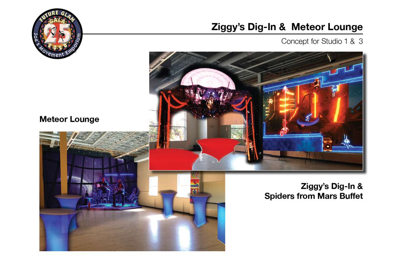 2H J-Glam : Ziggy's Dig-In and the Spiders from Mars Buffet borrows from David Bowie to bring a Glam Rock / Sci-Fi dining experience to the Starship Emporium. The Meteor Lounge evokes the Starship Emporium's holideck where the crew goes to kick back and chill with hand crafted cocktails. One wall offers a peek into the cosmos.  