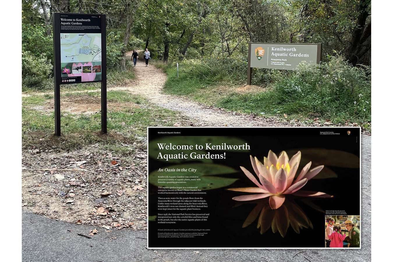 1 Aqua Grdns River entry : The signage along the Anacostia River Trail encourages visitors to take the path less followed.