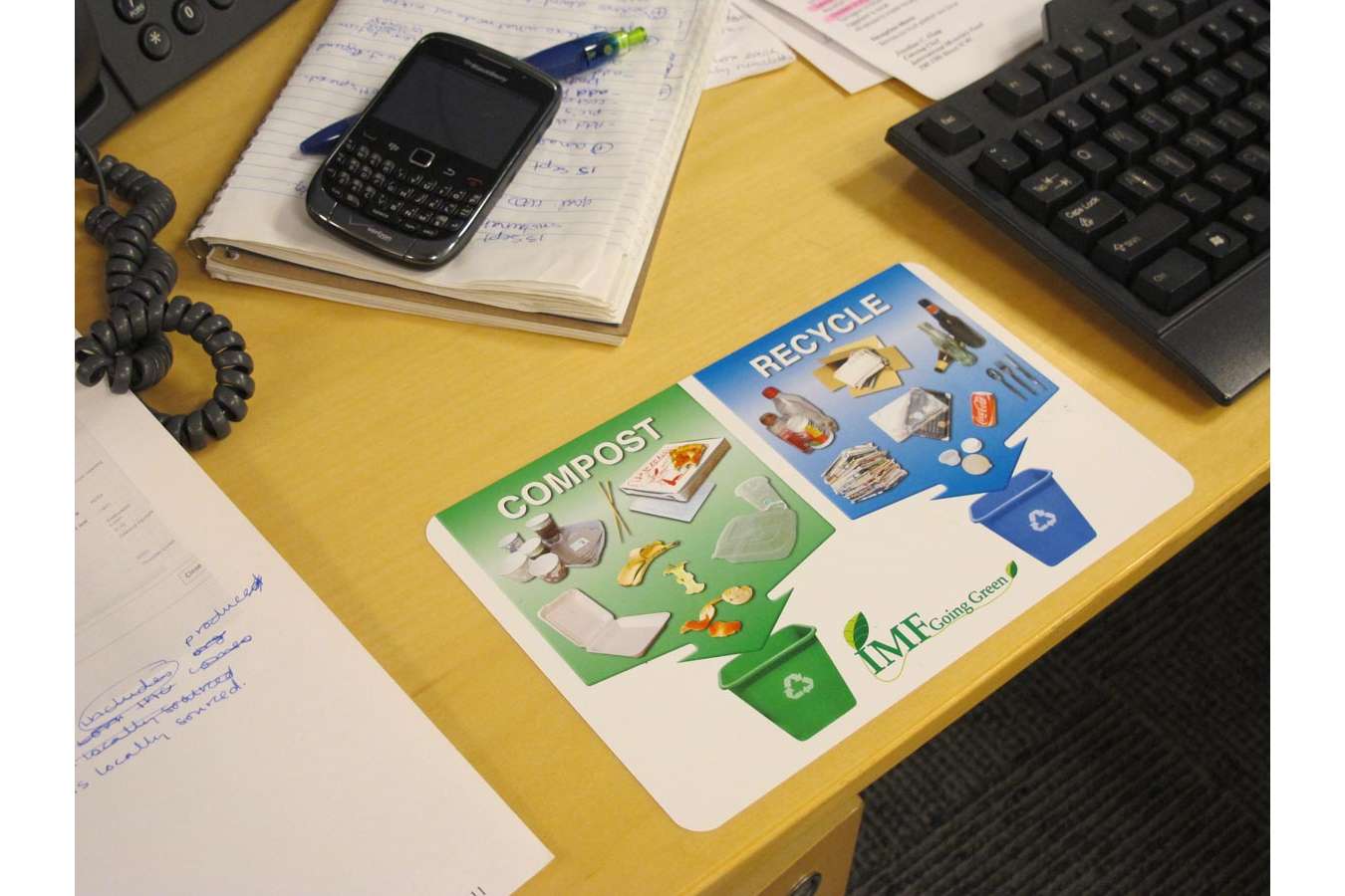 IMF Desk : Desk sticker reminds each employee what and where to recycle