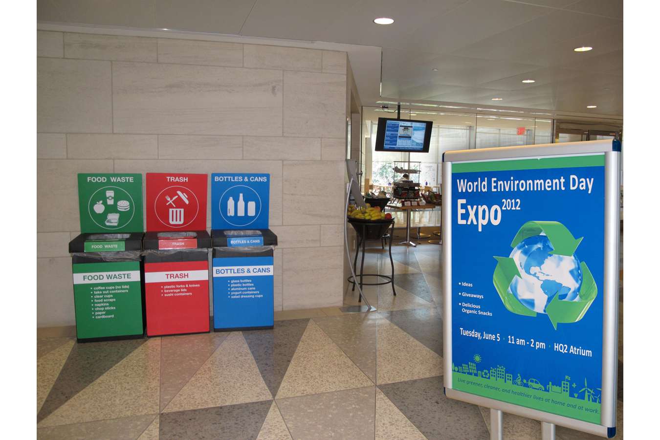 IMF Pic 2a : Recycling bins with recycled PVC signs  |  World Environment Day event poster 