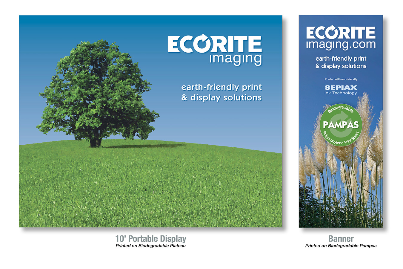 ecorite 16 : 10' portable display and banner stand printed on Pampas biodegradable polypropylene